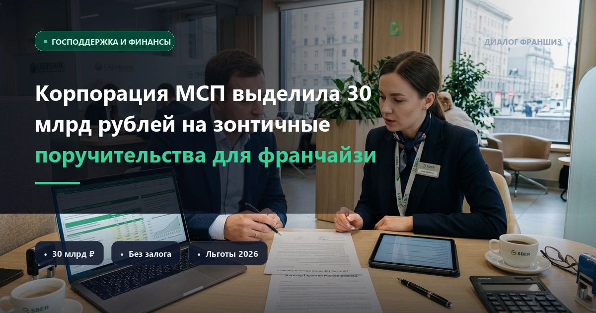 Корпорация МСП выделила 30 млрд рублей на зонтичные поручительства для франчайзи: кредиты до 50 млн рублей без залога в 2026 году